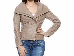 Beige leather exaggerated collar jacket