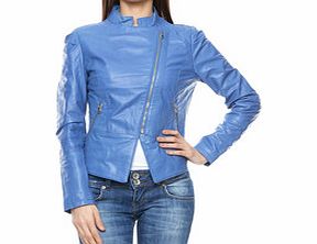 Blue leather asymmetric split jacket