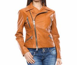 Mangotti Cognac leather zip detail biker jacket
