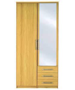 2 Door 3 Drawer Mirrored Wardrobe - Oak