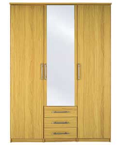3 Door 3 Drawer Mirrored Wardrobe - Oak
