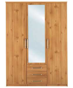 3 Door 3 Drawer Mirrored Wardrobe - Pine