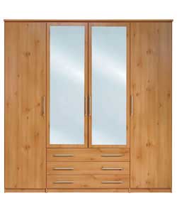 4 Door 3 Drawer Mirrored Wardrobe - Pine