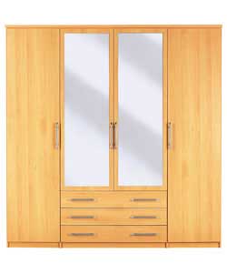 4 Door- 3 Drawer Mirrored Wardrobe - Beech Effect