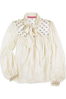 Ivory silk floral jacquard blouse with a stud embellished voile panel across top.