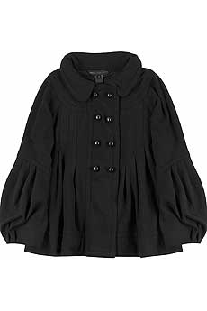 Black wool cropped swing jacket with a double-breasted front.