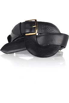 Black leather loop front belt with gold hardware.
