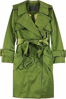 Jungle green short trench coat with a sliding fastening belt at the waist.