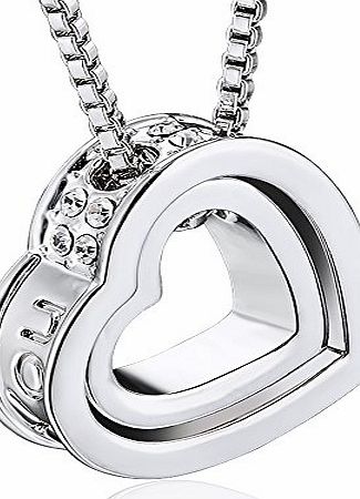 Mothers Day Gifts MARENJA Gifts For Mum-``Eternal Love`` Double Hearts Pendant Necklace for Women Engraved with ``I love you`` Transparent Inlaid Austrian Crystal White Gold Plated Chain Length 40-45cm/15