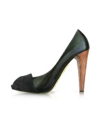 Black Patent Leather and Suede Peep-Toe Pump Shoes