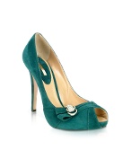 Jeweled Emerald Suede Peep-Toe Pump Shoes