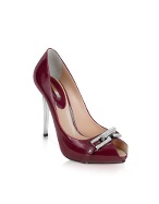 Jeweled Shiny Plum Leather Peep-Toe Pump Shoes