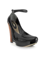 Shiny Black Leather Ankle-strap Wedge Shoes