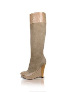 Taupe Suede and Croc Leather Wedge Boots