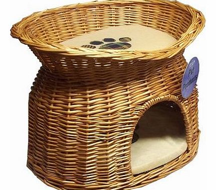 Wicker Two Tier Pet Pod Cat Dog Bed Basket & Fleece Cushions Tartan Pawprint