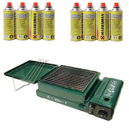 2 in 1 Portable Gas Camping BBQ Cooker Grill + 8 Gas Can Cartridges