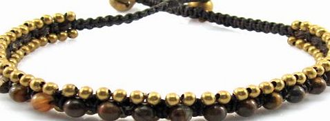 Mary Grace Design MGD, Brown Tiger Eye Color Bead with Golden Beads and Brass Bell Anklet. Beautiful Handmade Stone Ankle Bracelet Made From Wax Cord. Fashion Jewelry for Women, Teens and Girls, JB-0185A
