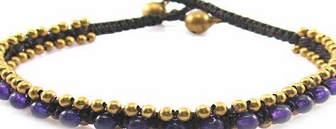Mary Grace Design MGD, Purple Amethyst Color Bead with Golden Beads and Brass Bell Anklet. Beautiful Handmade Stone Ankle Bracelet Made From Wax Cord. Fashion Jewelry for Women, Teens and Girls, JB-0178A