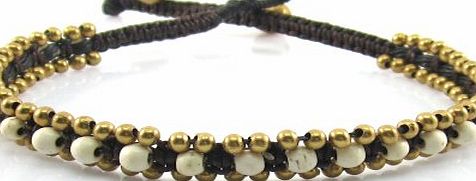 Mary Grace Design MGD, White Howlite Color Bead with Golden Beads and Brass Bell Anklet. Beautiful Handmade Stone Ankle Bracelet Made From Wax Cord. Fashion Jewelry for Women, Teens and Girls, JB-0184A