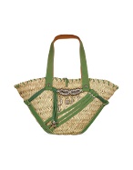 Maschera Charm Pendants Green Leather and Straw Tote Bag