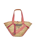 Maschera Charm Pendants Pink Leather and Straw Tote Bag