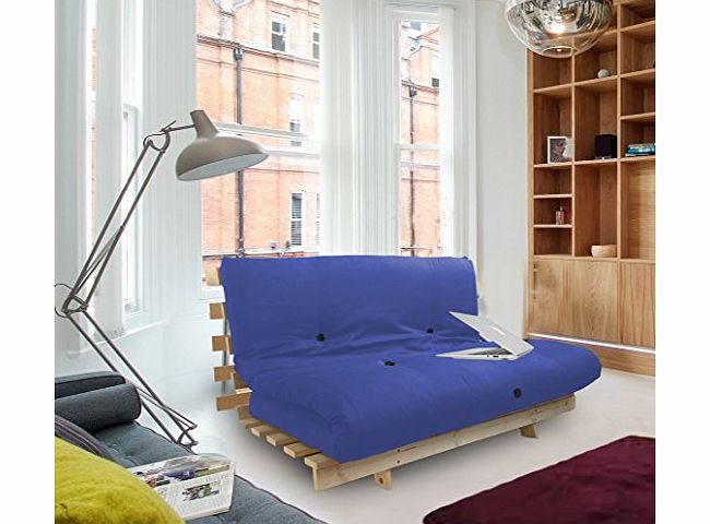 Complete 2 Seater Futon in Blue, Double Wooden Futon Base and Luxury Mattress. Versatile & Comfortable, Converts from 2 Seater Sofa to Double Bed in Minutes.
