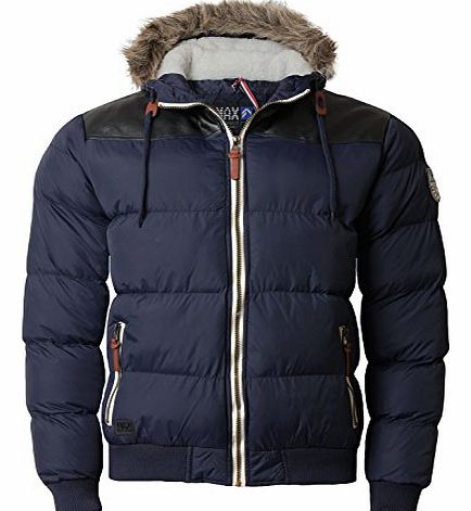 Mens Padded Quilted Jacket Max Edition Faux Fur Hood Warm Winter Coat TORINO, Navy, Large