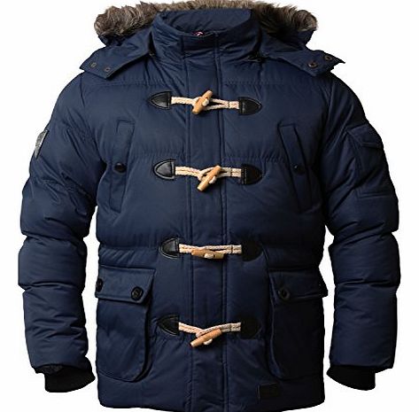 Mens Padded Quilted Parka Jacket Max Edition Faux Fur Hood Winter Coat NAGANO, Navy, Medium