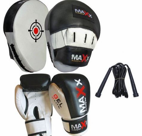 Max Sports Ltd Curved Focus pads, Hook & Jab Pads with 10oz Gloves, Rope back & White