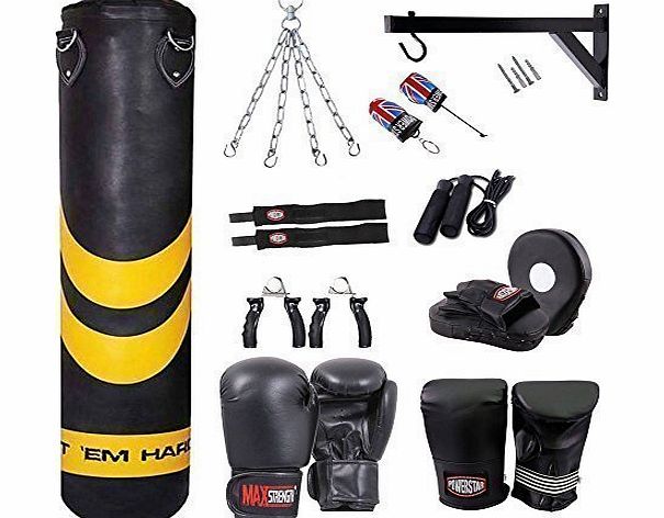 Max Strength 4ft punch bag, rex leather, with chain, wall bracket, (boxing gloves 6oz) focus pads, as pair, skipping rope, hand gripper, hand wrap, key chain, key ring.