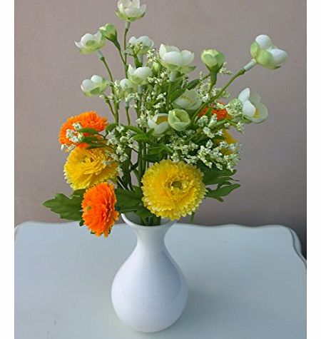 MaxJam Artificial Silk Flowers Orange Yellow Cream Daisies Bellis Daisy Arrangement in White Porcelain Vase