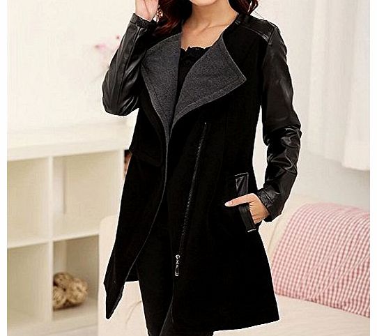 Mcitymall Long Style Fashion Women PU Leather Sleeve Jacket Slim Coat Parka Trench Windbreaker