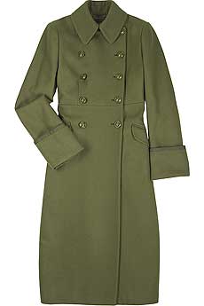 Khaki double-breasted military style coat with turn back cuffs.