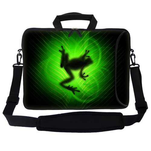 17 17.3 inch Neoprene Laptop Carrying Bag Sleeve Case w. Accessories Pocket, Soft Carrying Handle & Removable Shoulder Strap Fits 17`` 17.3`` or Smaller Size Laptop - Green Frog Design