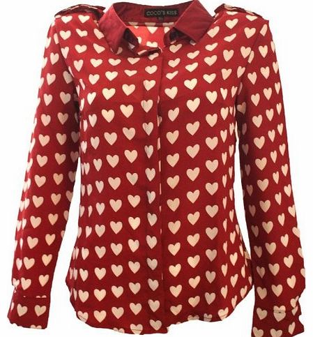 Womens Red Sweet Heart Print Long Sleeve Blouse Shirt Tops 3 Sizes (M 653330)