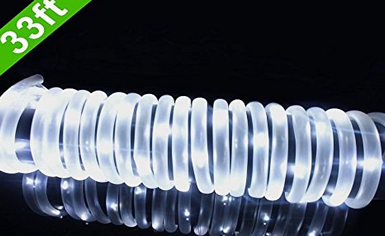 MeiKee 100 LED Solar Rope Lights, 33ft,Daylight White, Outdoor Waterproof Solar Rope Lights , Ideal for Decorations, Christmas,Gardens, Lawn, Patio, Weddings, Parties.[Energy Class A ]