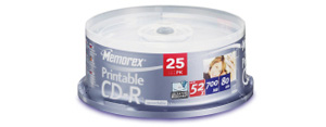 memorex CD-R 700MB, White Inkjet Printable, 52x 25 pack cakebox