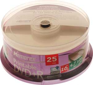 Memorex DVD R 4.7GB 16x Premium Printable - Cakebox - 25 Pack