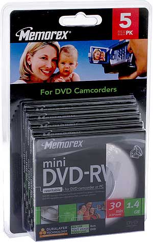 Memorex Mini (Pocket) DVD-RW - 1.4GB - 8cm - 2x Speed with Jewel Case - 5 Pack