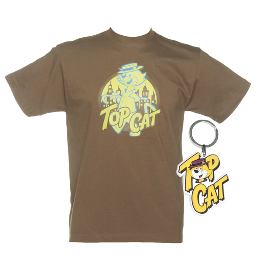Mens Brown Top Cat T-Shirt And Keyring Set