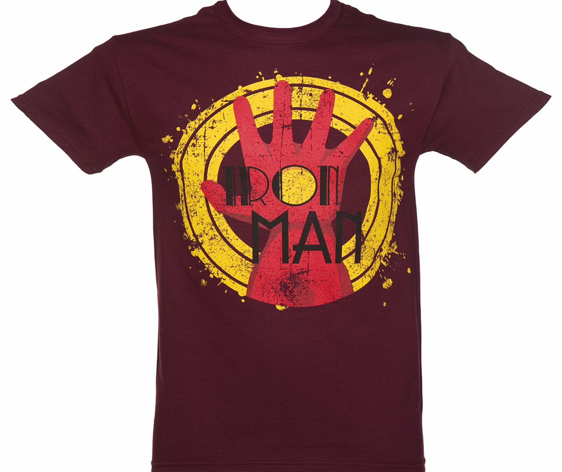 Mens Burgundy Marvel Iron Man Hand Shield T-Shirt
