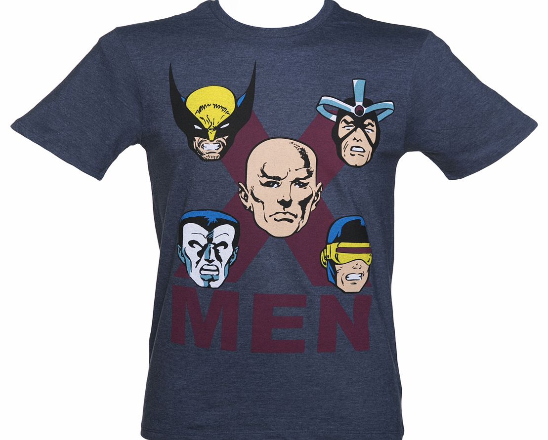 Mens Navy Marl Marvel X-Men Faces T-Shirt