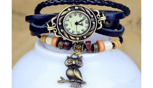 Menu Life 1pcs Owl Pendant Leather Strap Watch for women Vintage Watches Quartz Casual watch bronze Ladies wristwatch bracelet Dress watch (dark blue)