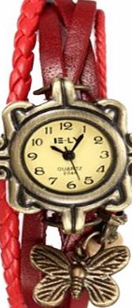 Menu Life 6Colors Original High Quality Women Genuine Leather Vintage Watch bracelet Wristwatches butterfly (Red)