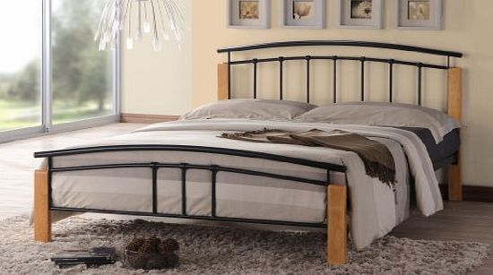 Metal Beds Thiago Contemporary Wooden Beech and Black Metal Bed Frame Bedroom Furniture (5FT King Size)