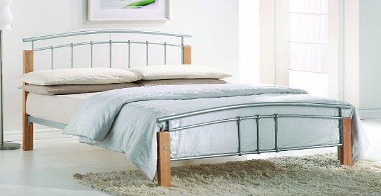 Metal Beds Thiago Modern Beech Wooden Silver Metal Bed Frame Contemporary Bedstead Bedroom Furniture (4FT6 Double)