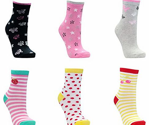 METZUYAN Girls Childrens Cotton Rich Design Socks 3 Pack Fun Funky Colourful