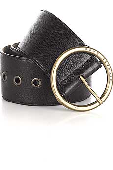 Chocolate grained wide leather belt with large gold buckle fastening.