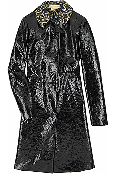 Black wool and silk blend patent raincoat with a cheetah brocade collar and lining.
