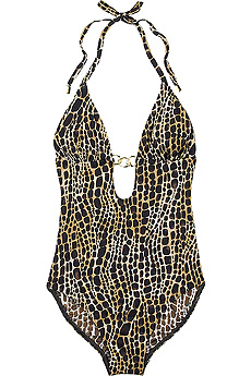 Multicolored snake print halter neck swimsuit with chain embellished plunge front.